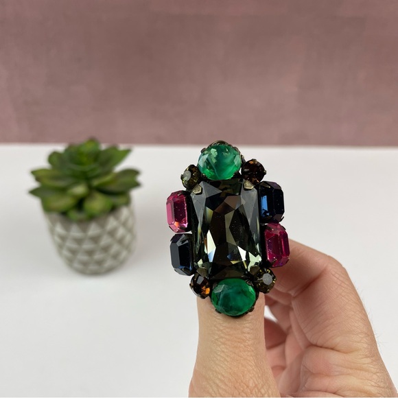 Miriam Haskell 2016 Colorful Green Pink Gold Rhinestone Statement Ring Jewelry - Picture 2 of 10